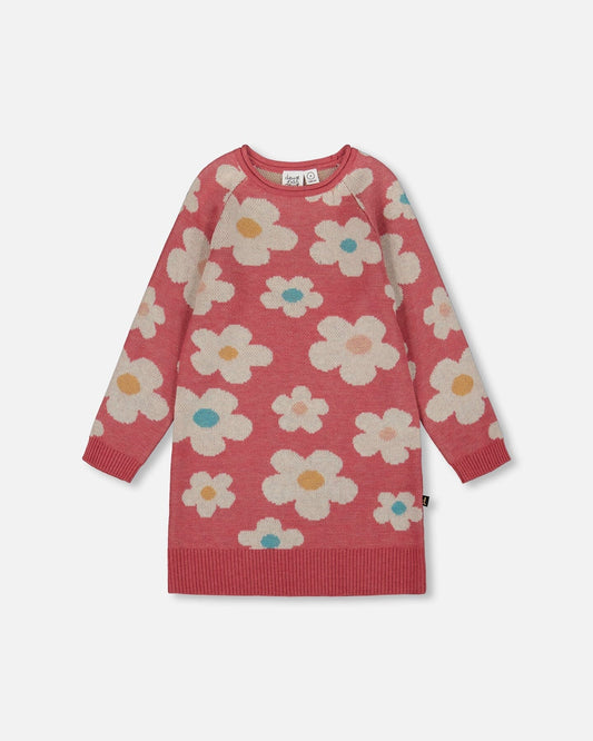 Knitted Dress With Flower Jacquard Old Pink And Beige-0