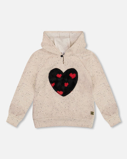 Glittering Beige French Terry Hoodie With Heart Applique-0