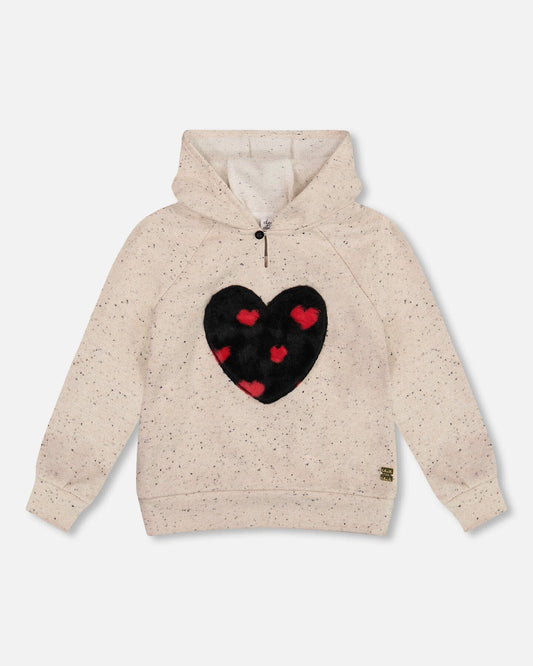 Glittering Beige French Terry Hoodie With Heart Applique-0