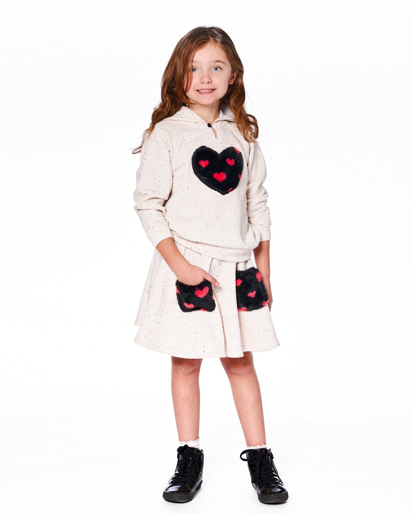 Glittering Beige French Terry Hoodie With Heart Applique-1