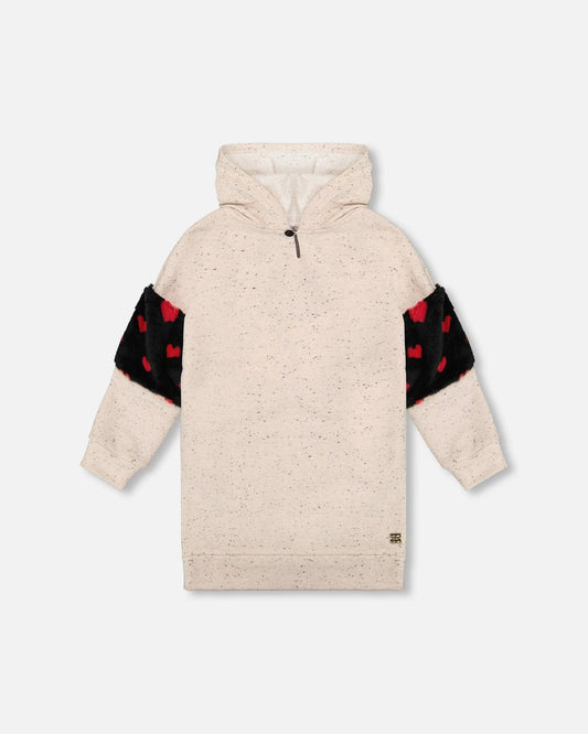 Hooded Glittering French Terry Dress Beige With Heart Bag-0