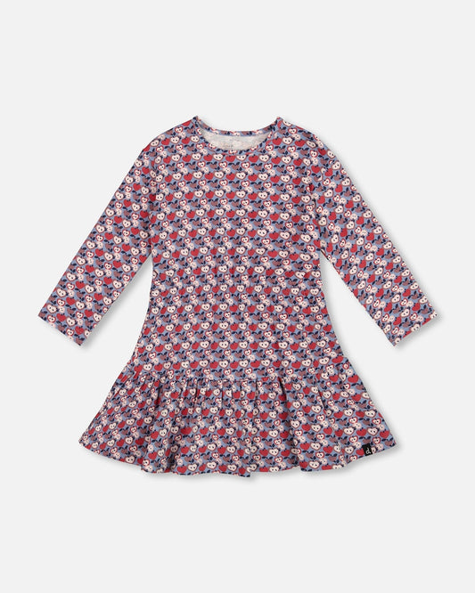 Organic Cotton Dress With Flounce Hem Blue Apple Print-0