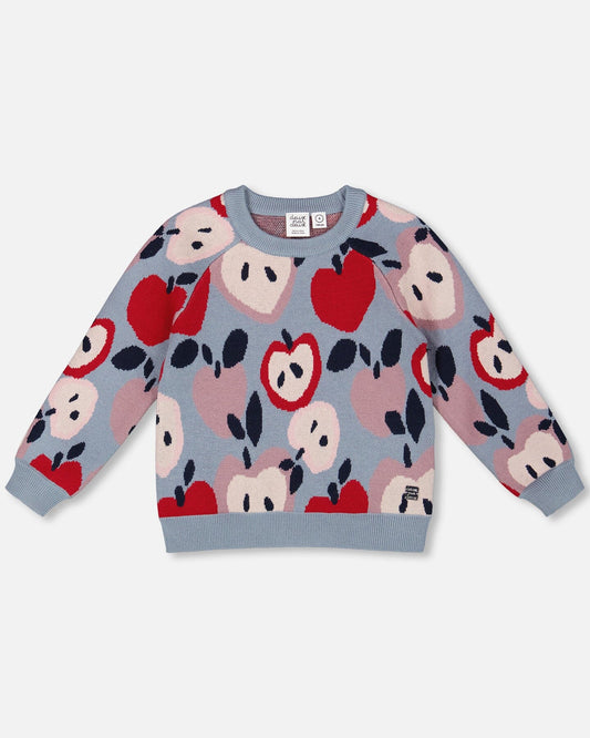 Knit Sweater Blue And Red With Apple Heart Jacquard-0
