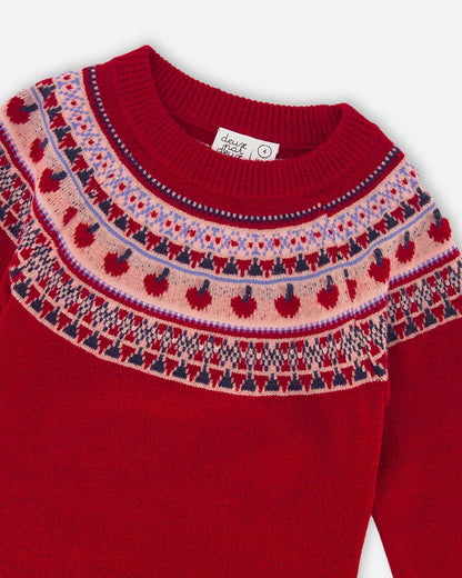 Knit Dress Red With Apple Jacquard Yoke-3