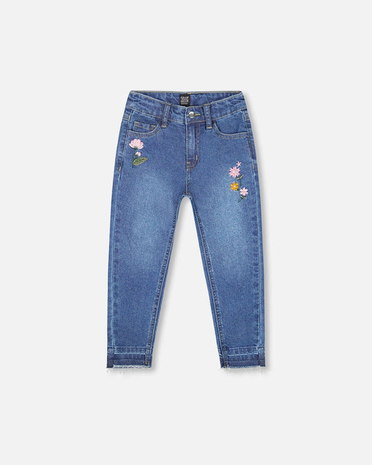 Jeans Blue Denim With Frayed Hems And Floral Embroideries-0