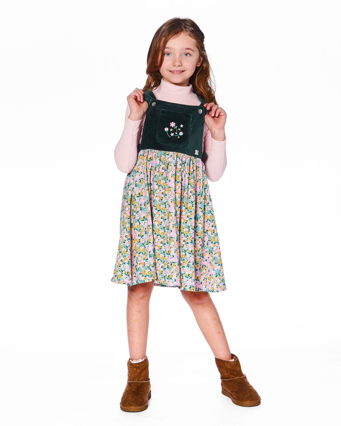 Bi-Material Overall Dress Green With Flower Print-1