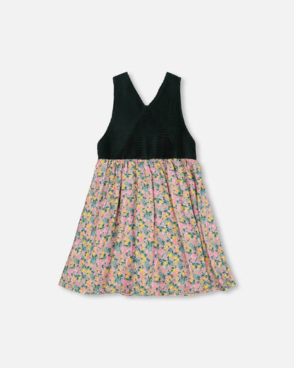 Bi-Material Overall Dress Green With Flower Print-2