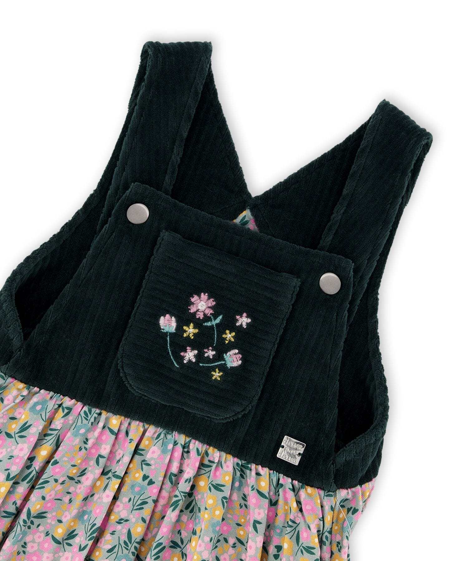 Bi-Material Overall Dress Green With Flower Print-3