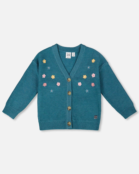 Knitted Cardigan Dark Green With Flower Embroidery-0