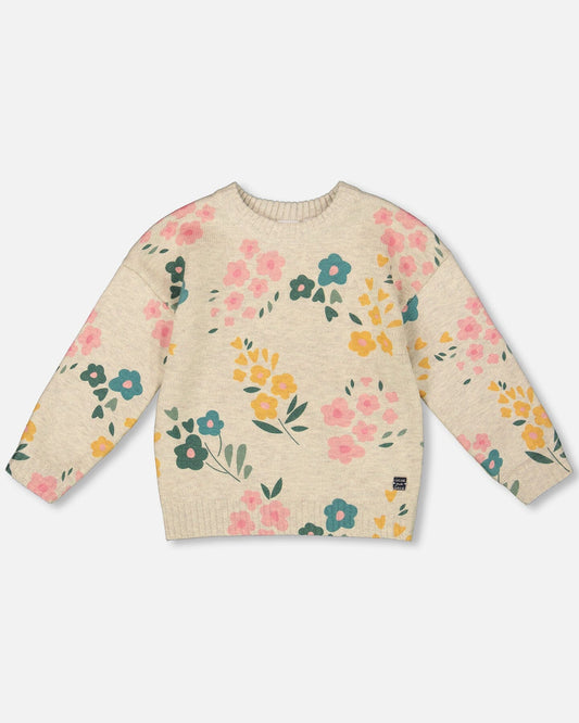 Knitted Sweater Heather Beige Gray With Floral Print-0