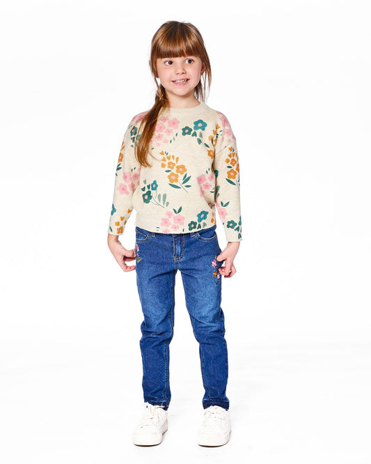 Knitted Sweater Heather Beige Gray With Floral Print-1