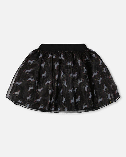 Organza And Mesh Skirt Black With Unicorn Print-0