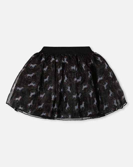 Organza And Mesh Skirt Black With Unicorn Print-0