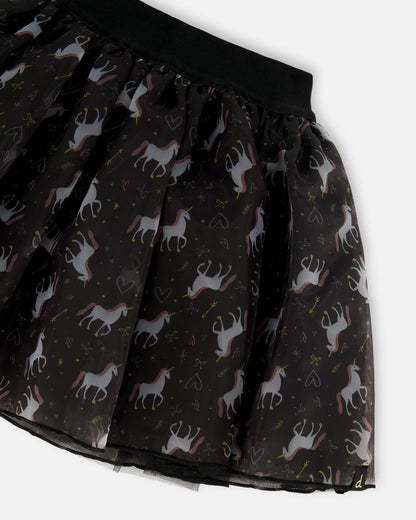 Organza And Mesh Skirt Black With Unicorn Print-3
