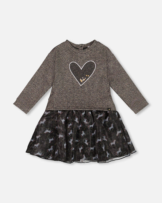 Bi-Material Dress Black With Mesh Skirt And Heart-0