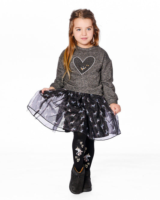 Bi-Material Dress Black With Mesh Skirt And Heart-1