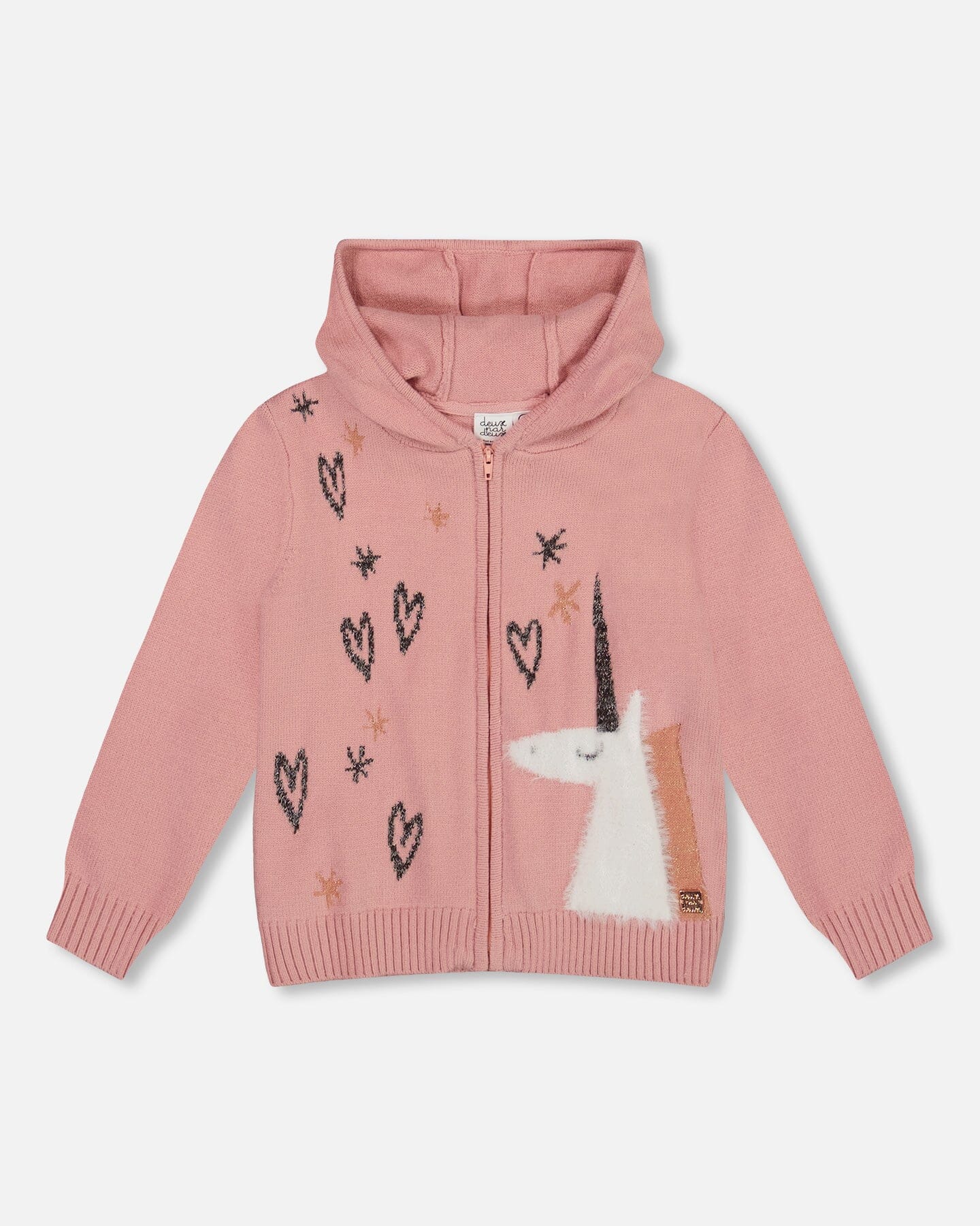 Hooded Knit Cardigan Dusty Pink With Unicorn Intarsia-0