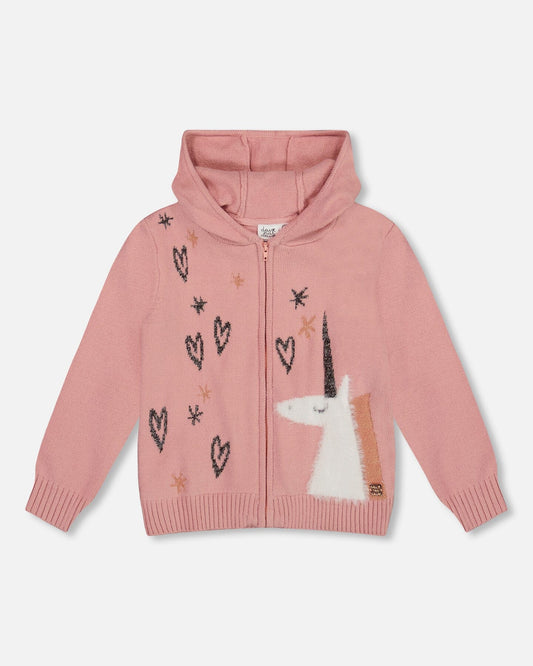 Hooded Knit Cardigan Dusty Pink With Unicorn Intarsia-0