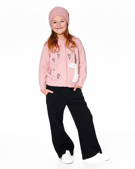 Hooded Knit Cardigan Dusty Pink With Unicorn Intarsia-1