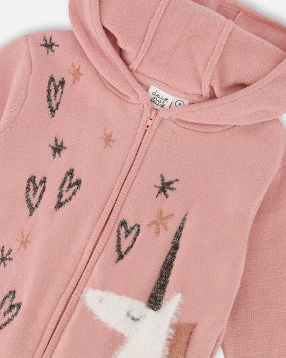 Hooded Knit Cardigan Dusty Pink With Unicorn Intarsia-3