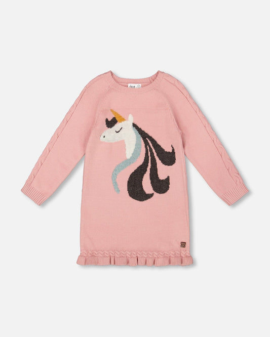 Knitted Dress Dusty Pink With Unicorn Intarsia-0