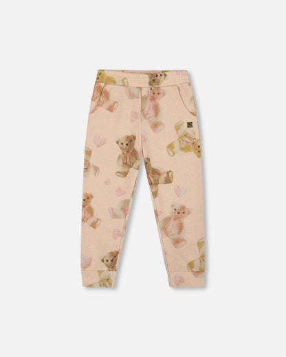 Glittering French Terry Sweatpants Beige Teddy Bear Print-0