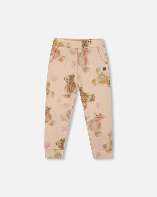 Glittering French Terry Sweatpants Beige Teddy Bear Print-0