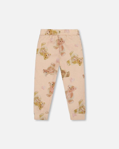 Glittering French Terry Sweatpants Beige Teddy Bear Print-2