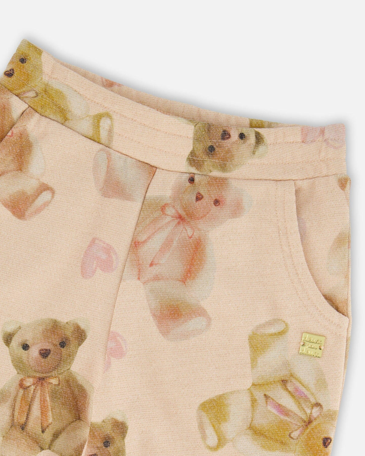 Glittering French Terry Sweatpants Beige Teddy Bear Print-3