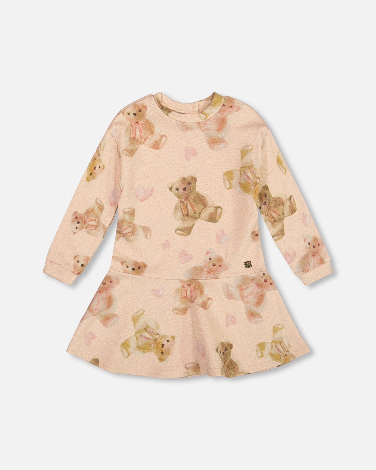 Glittering French Terry Dress Beige Teddy Bear Print-0