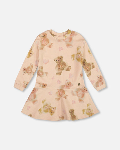 Glittering French Terry Dress Beige Teddy Bear Print-0