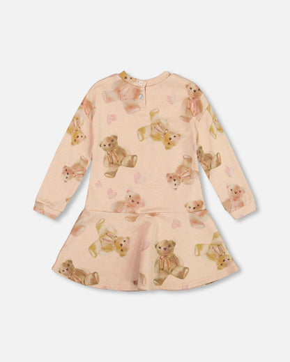 Glittering French Terry Dress Beige Teddy Bear Print-2