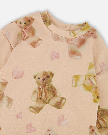 Glittering French Terry Dress Beige Teddy Bear Print-3