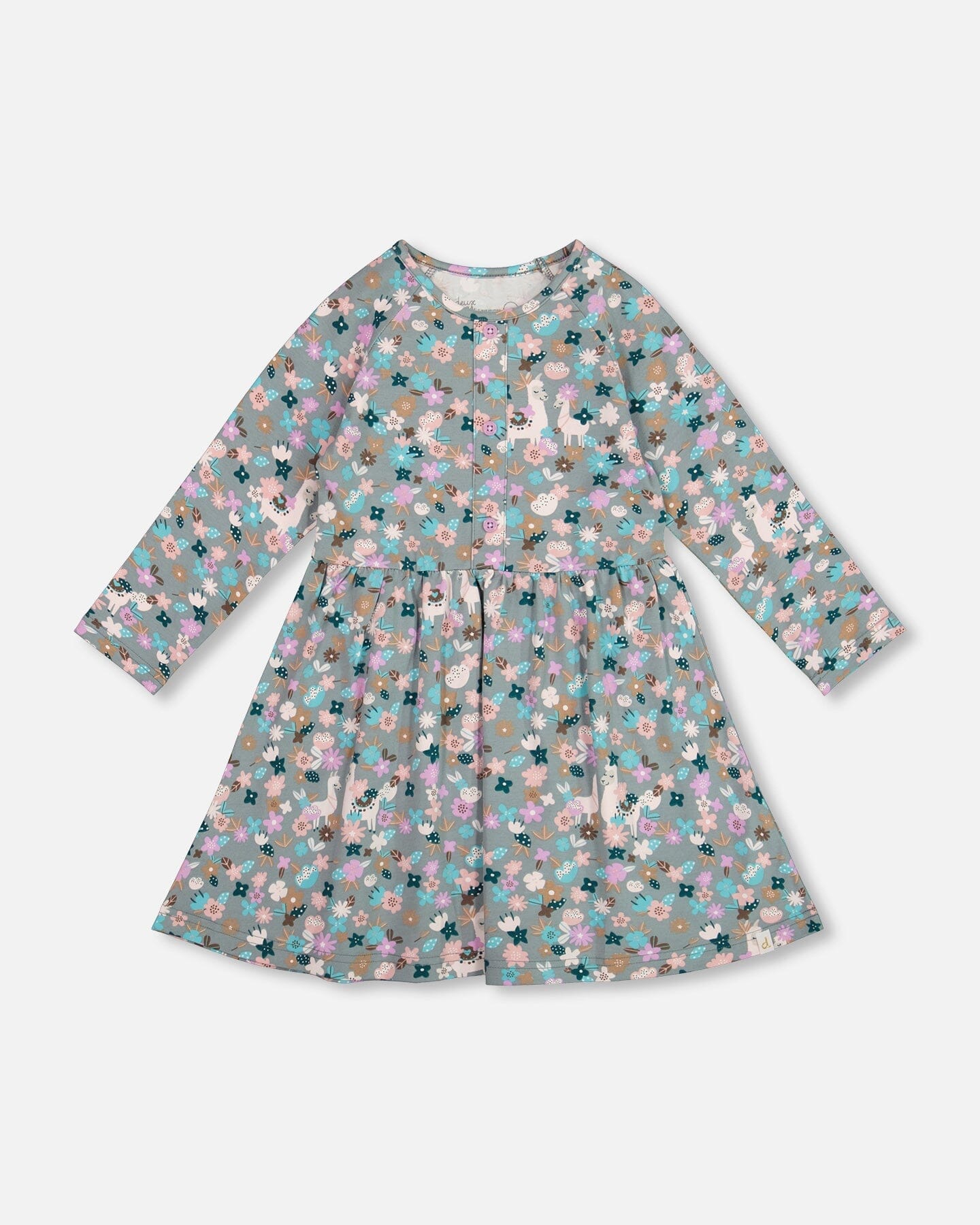 Half Button Organic Cotton Dress Blue Llama Print-0