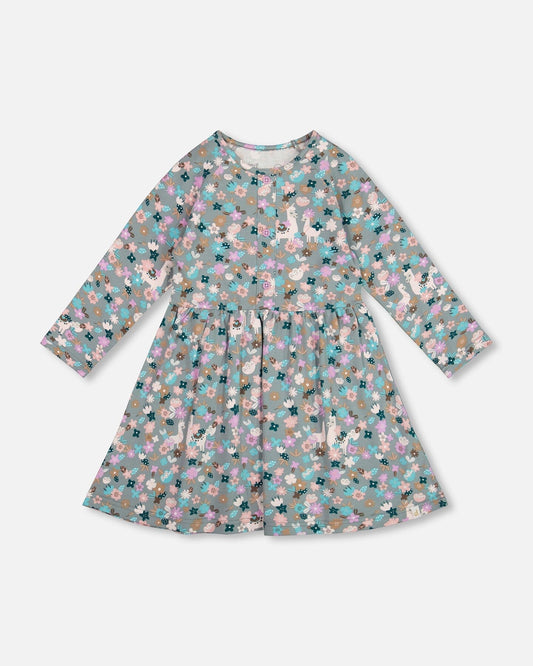Half Button Organic Cotton Dress Blue Llama Print-0