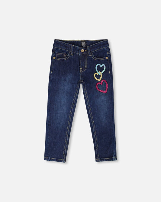 Stretch Jeans Blue Denim With Glittery Hearts-0