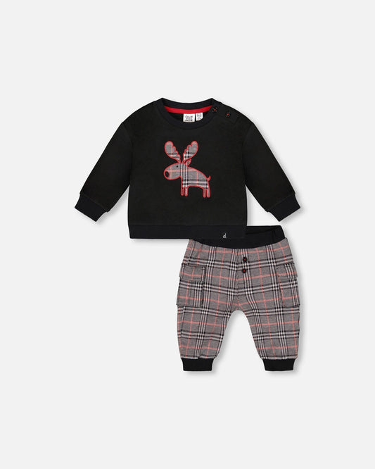 Sweater And Cargo Pants Set Black With Moose Applique-0