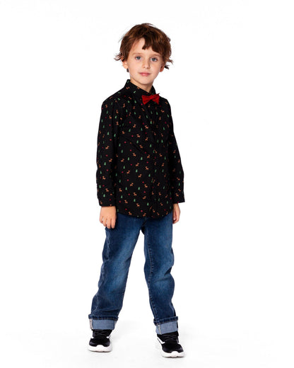 Printed Poplin Shirt Black And Multicolor With Bow Tie-1