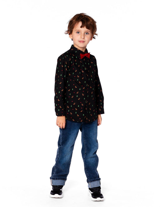 Printed Poplin Shirt Black And Multicolor With Bow Tie-1