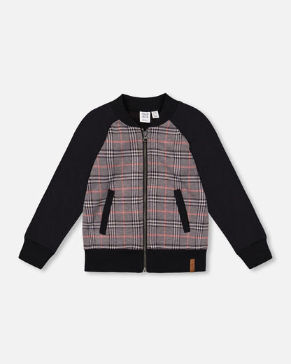 Bi-Material Zip Front Jacket Gray And Black Plaid-0