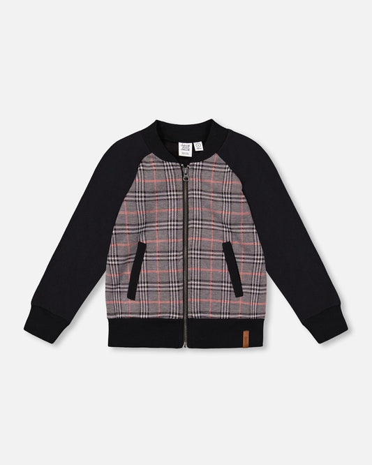 Bi-Material Zip Front Jacket Gray And Black Plaid-0
