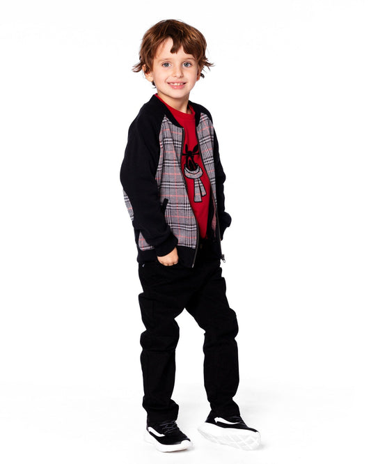 Bi-Material Zip Front Jacket Gray And Black Plaid-1