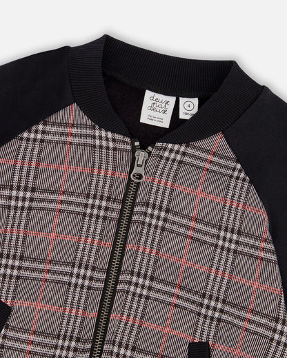 Bi-Material Zip Front Jacket Gray And Black Plaid-3