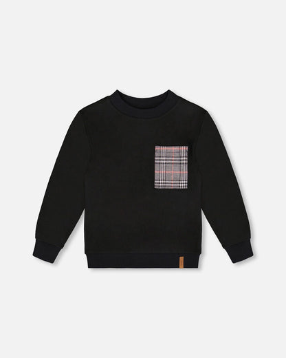 Super Soft Brushed Jersey Long Sleeve Top Black With Plaid Pocket-0