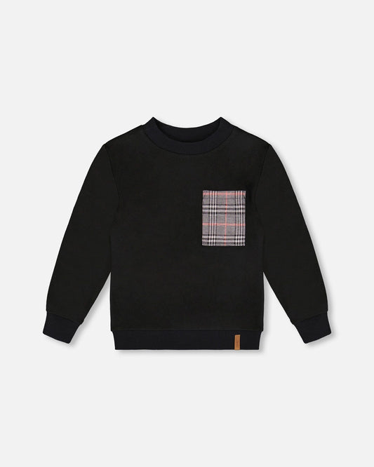 Super Soft Brushed Jersey Long Sleeve Top Black With Plaid Pocket-0