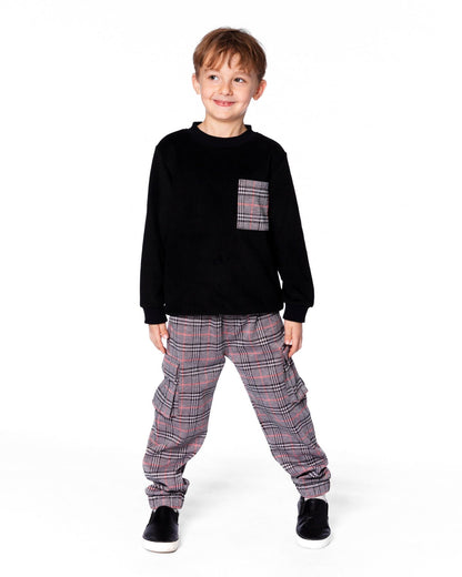 Super Soft Brushed Jersey Long Sleeve Top Black With Plaid Pocket-1