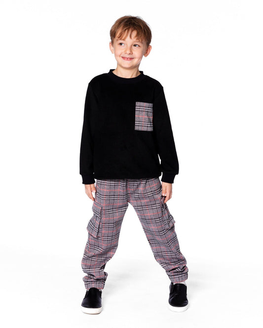 Super Soft Brushed Jersey Long Sleeve Top Black With Plaid Pocket-1