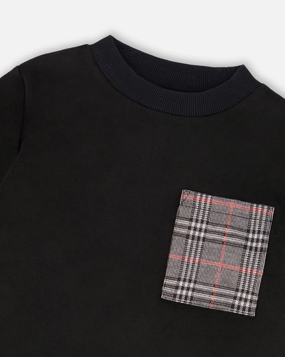 Super Soft Brushed Jersey Long Sleeve Top Black With Plaid Pocket-3