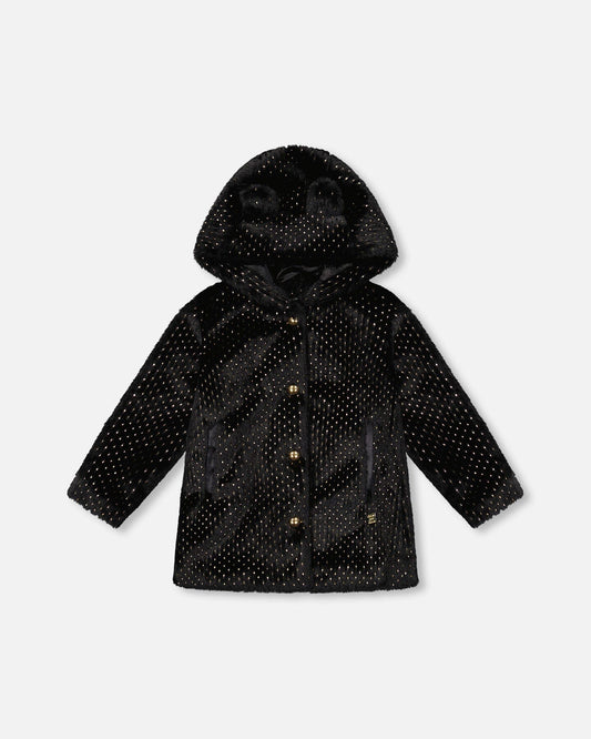 Bear Faux Fur Coat Black With Gold Polka Dots-0