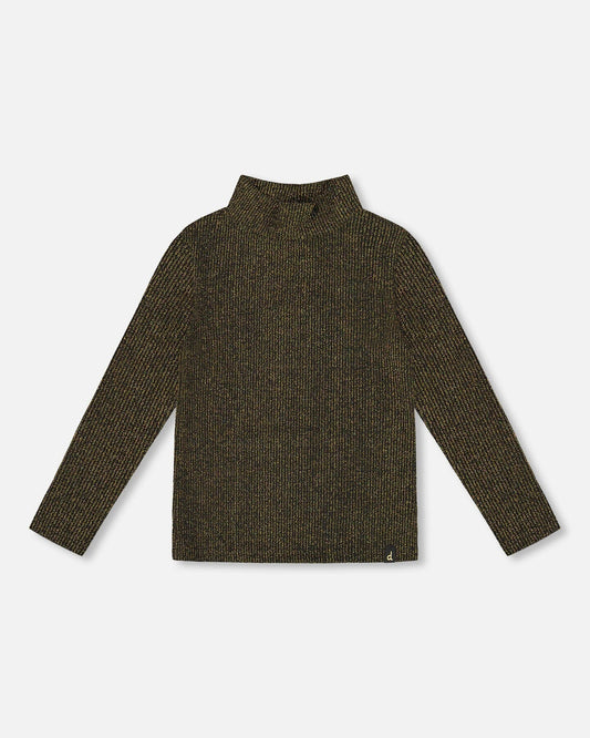 Shiny Rib Mock Neck Top Black And Gold-0